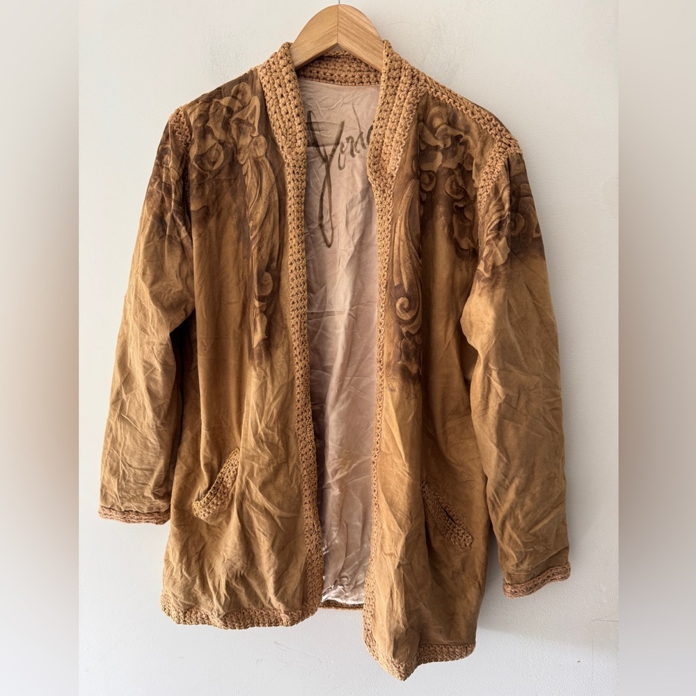 Vintage Suede Kimono Jacket with Crochet Trim‎ & Embroidery Tan Boho Western